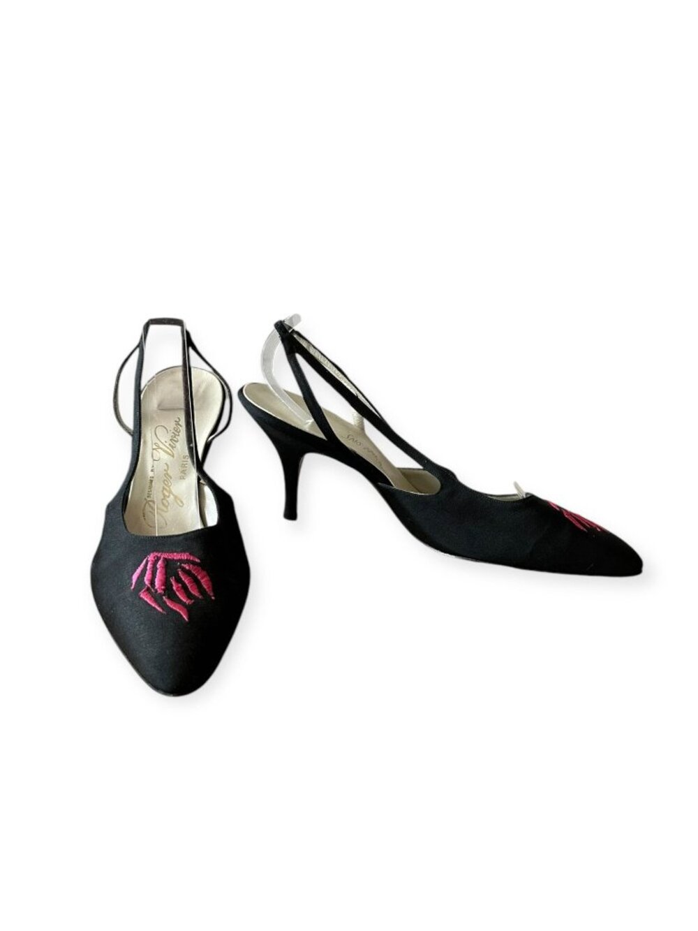 Roger Vivier for Saks Embroidered Slingback Pumps Black Pink 7.5B Vintage